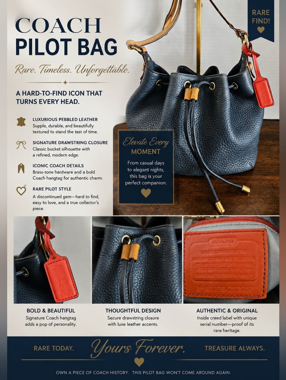 COACH Pilot Sample Bag RARE Legacy Navy Pebble Leather Bucket Bag 25306P - Picture 13 of 13